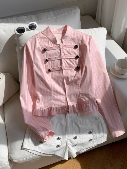 Comfortcana Women's Casual Elegant Classy Pink And White Striped Regular Jacket, Autumn Date