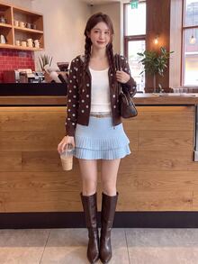Comfortcana Women's Brown And Blue Polka Dot Pattern Zipper Front Hooded Knit Cardigan School Autumn Retro 70s Retro Vintage 70s - Brown - View 9