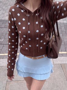 Comfortcana Women's Brown And Blue Polka Dot Pattern Zipper Front Hooded Knit Cardigan School Autumn Retro 70s Retro Vintage 70s - Brown - View 6