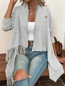 EMERY ROSE Cárdigan con detalle de botones y flecos, blusas de manga larga - Gris Claro - Ver 3