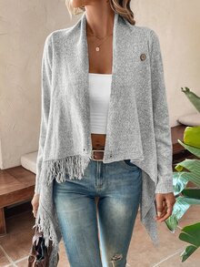 EMERY ROSE Cárdigan con detalle de botones y flecos, blusas de manga larga - Gris Claro - Ver 4