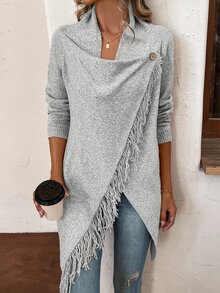 EMERY ROSE Cárdigan con detalle de botones y flecos, blusas de manga larga - Gris Claro - Ver 6