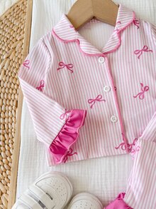 SHEIN 新生女嬰可愛休閒針織配色蝴蝶結長袖睡衣套裝 - 淺粉色 - 查看 5