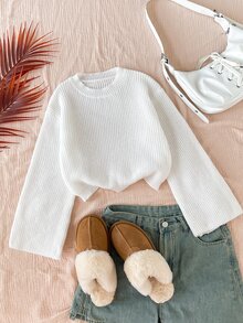 SHEIN Tween Girls Tween Girl Simple Autumn/Winter Casual Versatile Daily Solid Color Sweater - White - View 6