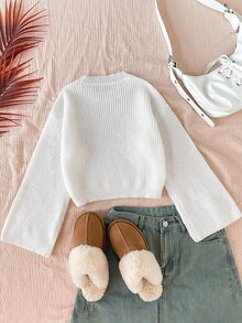 SHEIN Tween Girls Tween Girl Simple Autumn/Winter Casual Versatile Daily Solid Color Sweater - White - View 4