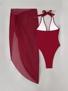 Glamine 2pcs Burgundy Red Backless Halter Tied Beach Vacation Bikini Set For Women, Summer - Burgundy - View 5