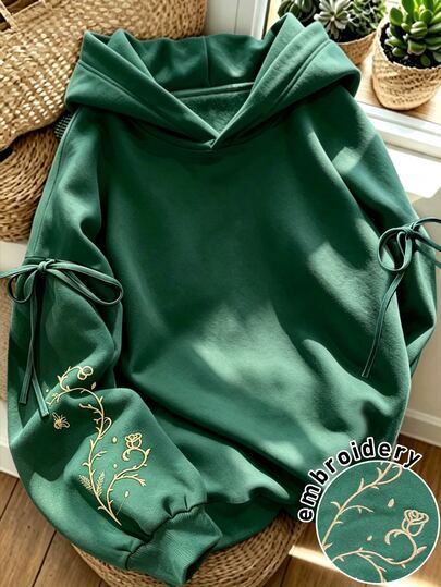 SHEIN Autumn Vintage Artistic Style Drawstring Bow Hooded Sweatshirt, Dark Green Floral Embroidery Loose Drop Shoulder Cropped Pullover Top For Daily Commute And Casual Streetwear