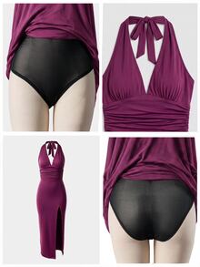 Nuvra Gaun Bodycon Seksi 2-in-1 Wanita Tanpa Punggung dengan Leher Halter, Pengontrol Perut, Pengangkat Bokong, dan Pembentuk Pinggang - Merah - View 2