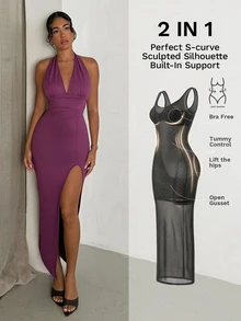 Nuvra Gaun Bodycon Seksi 2-in-1 Wanita Tanpa Punggung dengan Leher Halter, Pengontrol Perut, Pengangkat Bokong, dan Pembentuk Pinggang - Merah - View 5
