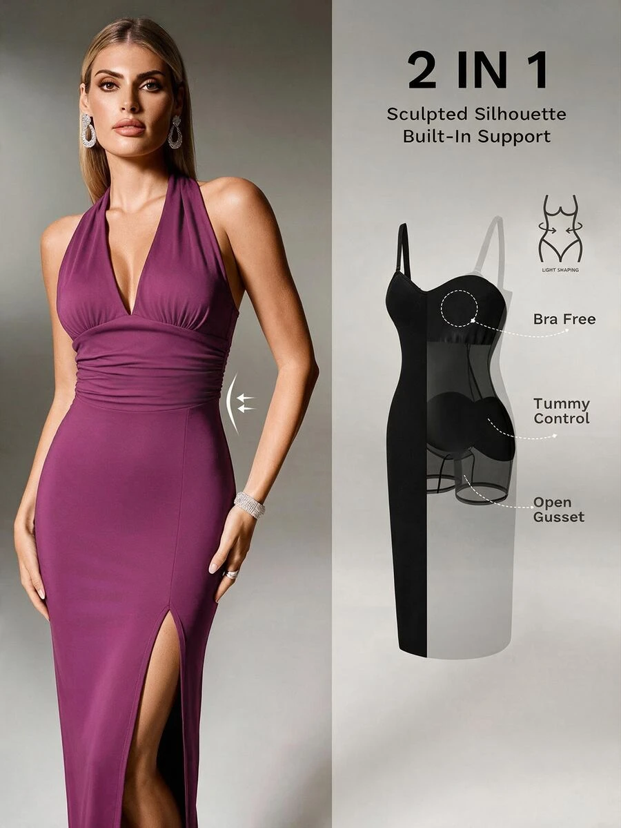 Nuvra Gaun Bodycon Seksi 2-in-1 Wanita Tanpa Punggung dengan Leher Halter, Pengontrol Perut, Pengangkat Bokong, dan Pembentuk Pinggang - Merah - View 1
