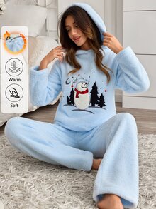 SHEIN طقم بيجامة شتوية من الفرو الناعم مع غطاء رأس مزين برسومات رجل الثلج - أزرق فاتح اللون - مشاهدة 7