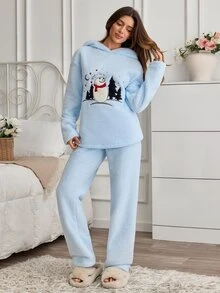 SHEIN طقم بيجامة شتوية من الفرو الناعم مع غطاء رأس مزين برسومات رجل الثلج - أزرق فاتح اللون - مشاهدة 3