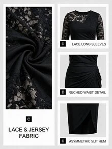 Elenzga Plus Size Elegant Commuter Lace Patchwork Split Hem Dress Fall - Black - View 9