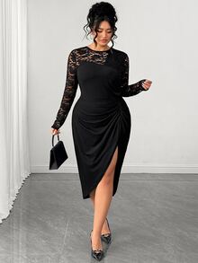 Elenzga Plus Size Elegant Commuter Lace Patchwork Split Hem Dress Fall - Black - View 6