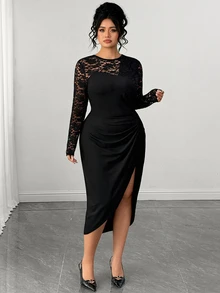 Elenzga Plus Size Elegant Commuter Lace Patchwork Split Hem Dress Fall - Black - View 5