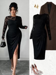 Elenzga Plus Size Elegant Commuter Lace Patchwork Split Hem Dress Fall - Black - View 3