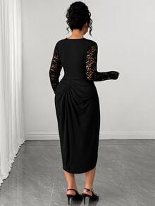 Elenzga Plus Size Elegant Commuter Lace Patchwork Split Hem Dress Fall - Black - View 2