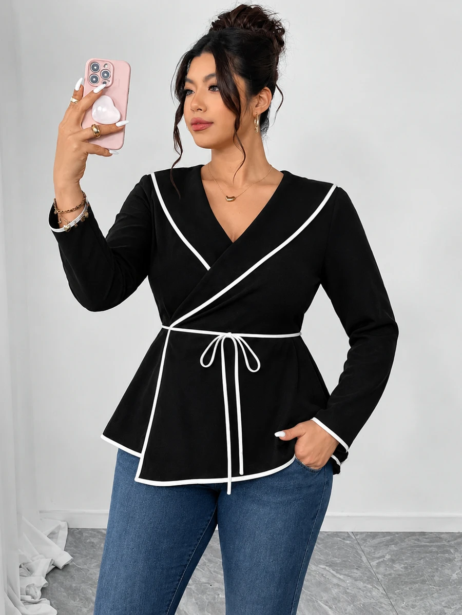 Elenzga Plus Contrast Binding Belted Coat Fall