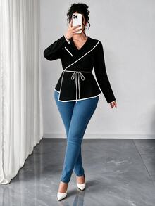 Elenzga Plus Contrast Binding Belted Coat Fall - Hitam dan Putih - View 7
