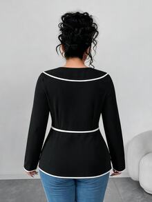 Elenzga Plus Contrast Binding Belted Coat Fall - Hitam dan Putih - View 3