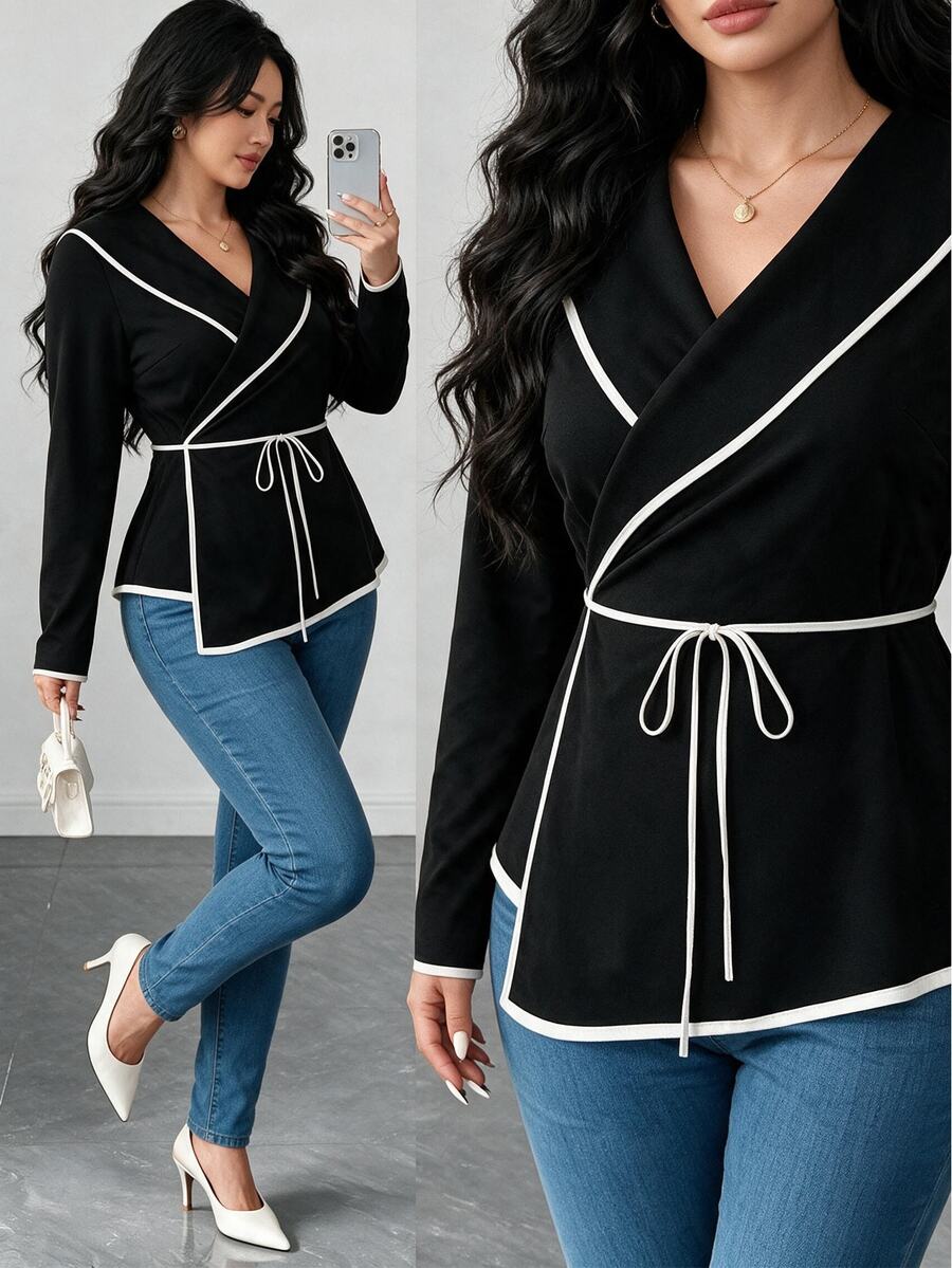 Elenzga Plus Contrast Binding Belted Coat Fall