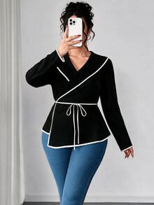 Elenzga Plus Contrast Binding Belted Coat Fall - Hitam dan Putih - View 4