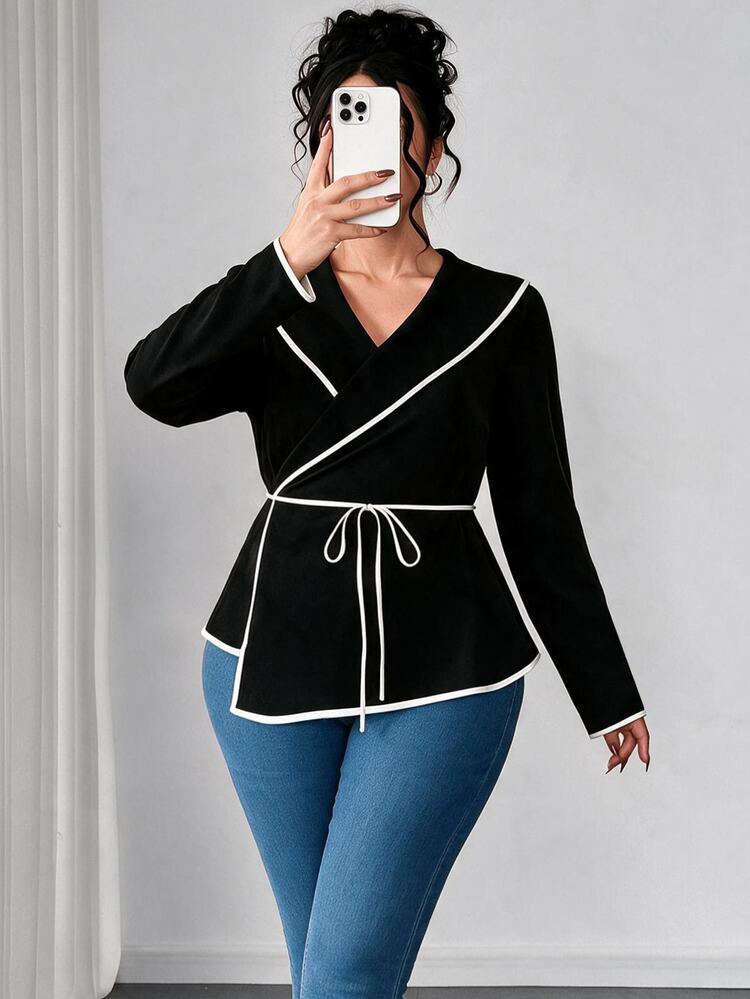 Elenzga Plus Contrast Binding Belted Coat Fall - Black and White - View 3