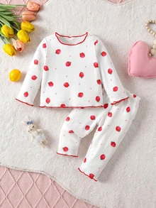SHEIN 2 Pieces Newborn Cute Cartoon Pattern Ruffled Round Neck Short-Sleeve Knitted Comfortable Fit - Multicolor - View 2
