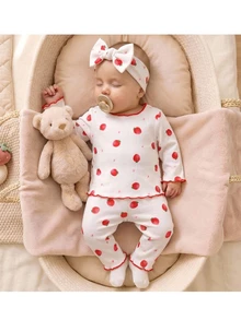 SHEIN 2 Pieces Newborn Cute Cartoon Pattern Ruffled Round Neck Short-Sleeve Knitted Comfortable Fit - Multicolor - View 1