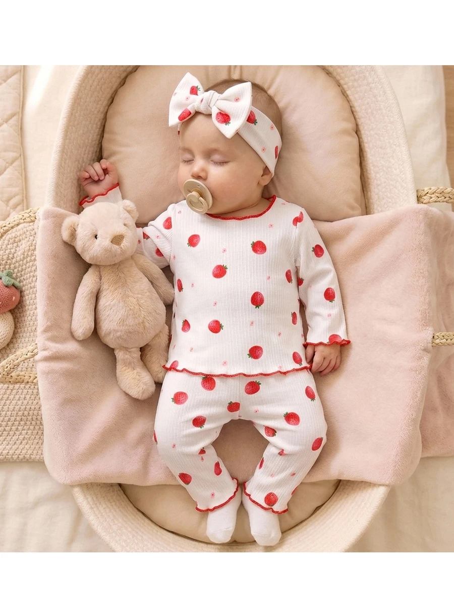 SHEIN 2 Pieces Newborn Cute Cartoon Pattern Ruffled Round Neck Short-Sleeve Knitted Comfortable Fit - Multicolor - View 1