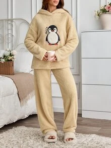 SHEIN Cottnline Cute Penguin Embroidered Fluffy Fleece Pajama Set Soft Teddy Plush Hooded Lounge Set - Beige - View 3