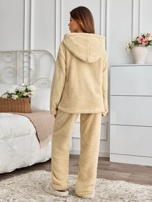 SHEIN Cottnline Cute Penguin Embroidered Fluffy Fleece Pajama Set Soft Teddy Plush Hooded Lounge Set - Beige - View 2
