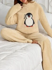 SHEIN Cottnline Cute Penguin Embroidered Fluffy Fleece Pajama Set Soft Teddy Plush Hooded Lounge Set - Beige - View 4