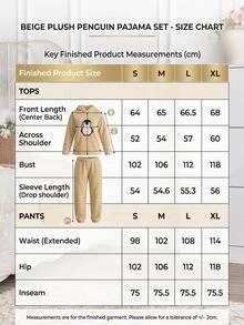 SHEIN Cottnline Cute Penguin Embroidered Fluffy Fleece Pajama Set Soft Teddy Plush Hooded Lounge Set - Beige - View 7