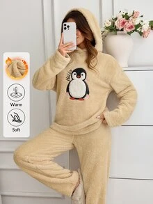 SHEIN Cottnline Cute Penguin Embroidered Fluffy Fleece Pajama Set Soft Teddy Plush Hooded Lounge Set - Beige - View 6