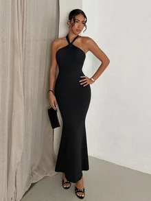 Nuvra Women's 2-In-1 Halter Neck Backless Tummy Control Butt Lift Waist Shaping Body Contour Long Dress - Black - View 4