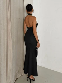 Nuvra Women's 2-In-1 Halter Neck Backless Tummy Control Butt Lift Waist Shaping Body Contour Long Dress - Black - View 2