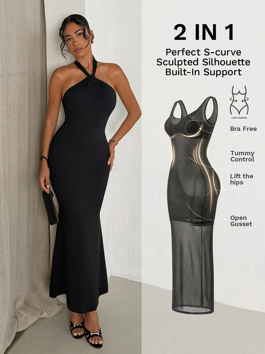 Nuvra Women's 2-In-1 Halter Neck Backless Tummy Control Butt Lift Waist Shaping Body Contour Long Dress - Black - View 1