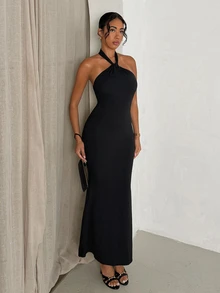 Nuvra Women's 2-In-1 Halter Neck Backless Tummy Control Butt Lift Waist Shaping Body Contour Long Dress - Black - View 7