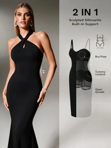 Nuvra Women's 2-In-1 Halter Neck Backless Tummy Control Butt Lift Waist Shaping Body Contour Long Dress - Black - View 5
