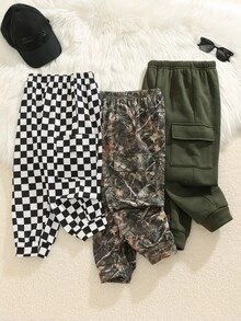 SHEIN 3件組小男孩春秋冬季休閒百搭抓絨內裡鬆緊腰運動長褲 兒童慢跑褲 多件裝 - 彩色 - 查看 3
