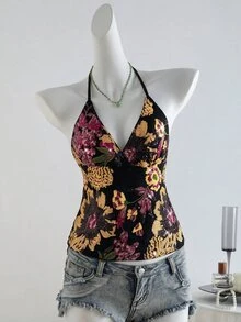 Glamine 女款黑色彩色花卉串珠亮片細肩帶深V領修身背心上衣 Coquette 風格 秋季萬聖節夜店派對襯衫 - 黑色 - 查看 9