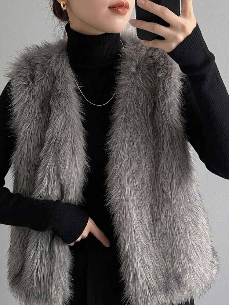 FRIFUL Jaket Rompi Bulu Imitasi Elegan untuk Wanita di Musim Gugur - Grey - View 1