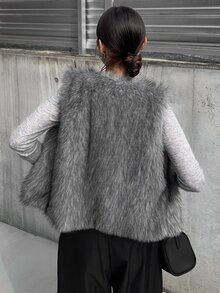 FRIFUL 女款優雅人造毛皮背心外套 秋季 - 灰色 - 查看 4