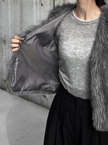 FRIFUL 女款優雅人造毛皮背心外套 秋季 - 灰色 - 查看 6