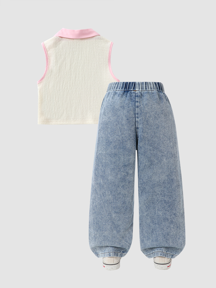 SHEIN 新款两件套女童套装，适合4-7岁女孩，无袖上衣搭配刺绣牛仔裤，时尚百搭，适合休闲、度假、上学、户外活动等场合。 - 彩色 - 查看 2