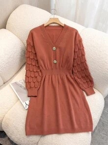 GlowEve CURVE Plus Size V-Neck Faux Collar Button Lantern Sleeve A-Line Thick Knit Sweater Dress With Rope Detail Solid Color Winter - Brown - View 8