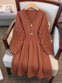 GlowEve CURVE Plus Size V-Neck Faux Collar Button Lantern Sleeve A-Line Thick Knit Sweater Dress With Rope Detail Solid Color Winter - Brown - View 3