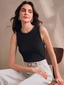 Anewsta Essential 現代新款女款秋冬黑色鉚釘裝飾極簡性感時尚圓領背心，適合通勤與度假穿搭 - 黑色 - 查看 3