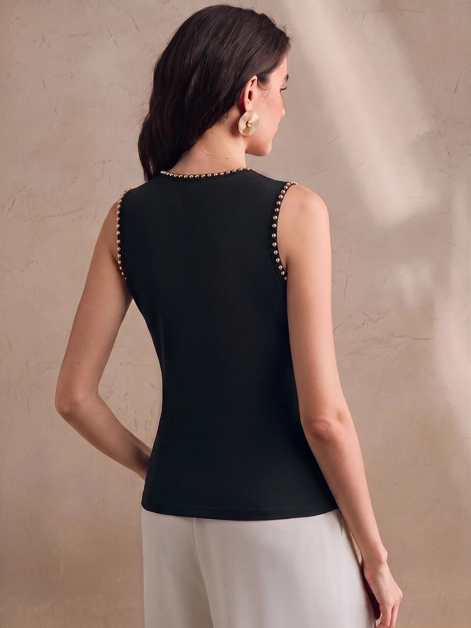 Anewsta Modern New Women's Autumn/Winter Black Studded Decor Minimalist Fashion Round Neck Vest For Commute And Holiday Outfits